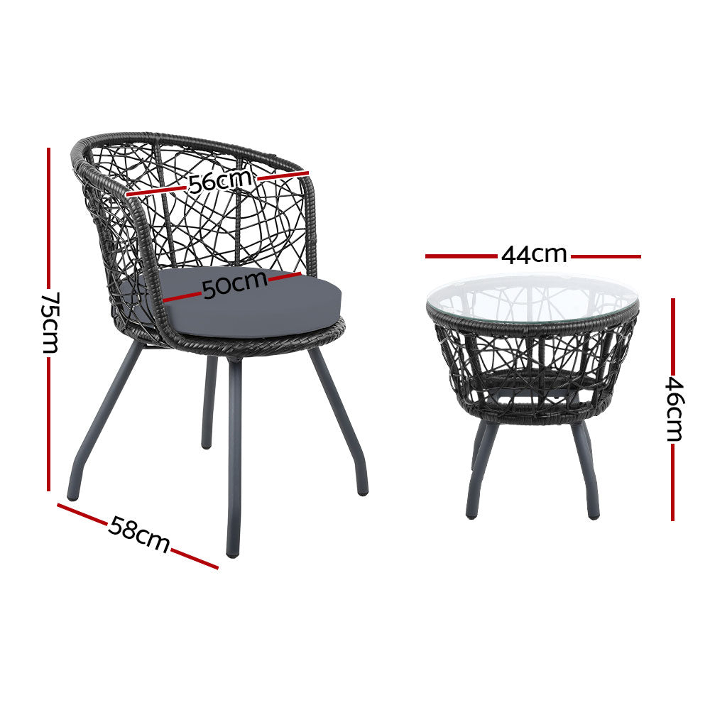 3Pc Bistro Set Outdoor Furniture Rattan Table Chairs Patio Garden Cushion Black