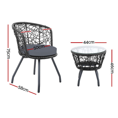 3Pc Bistro Set Outdoor Furniture Rattan Table Chairs Patio Garden Cushion Black