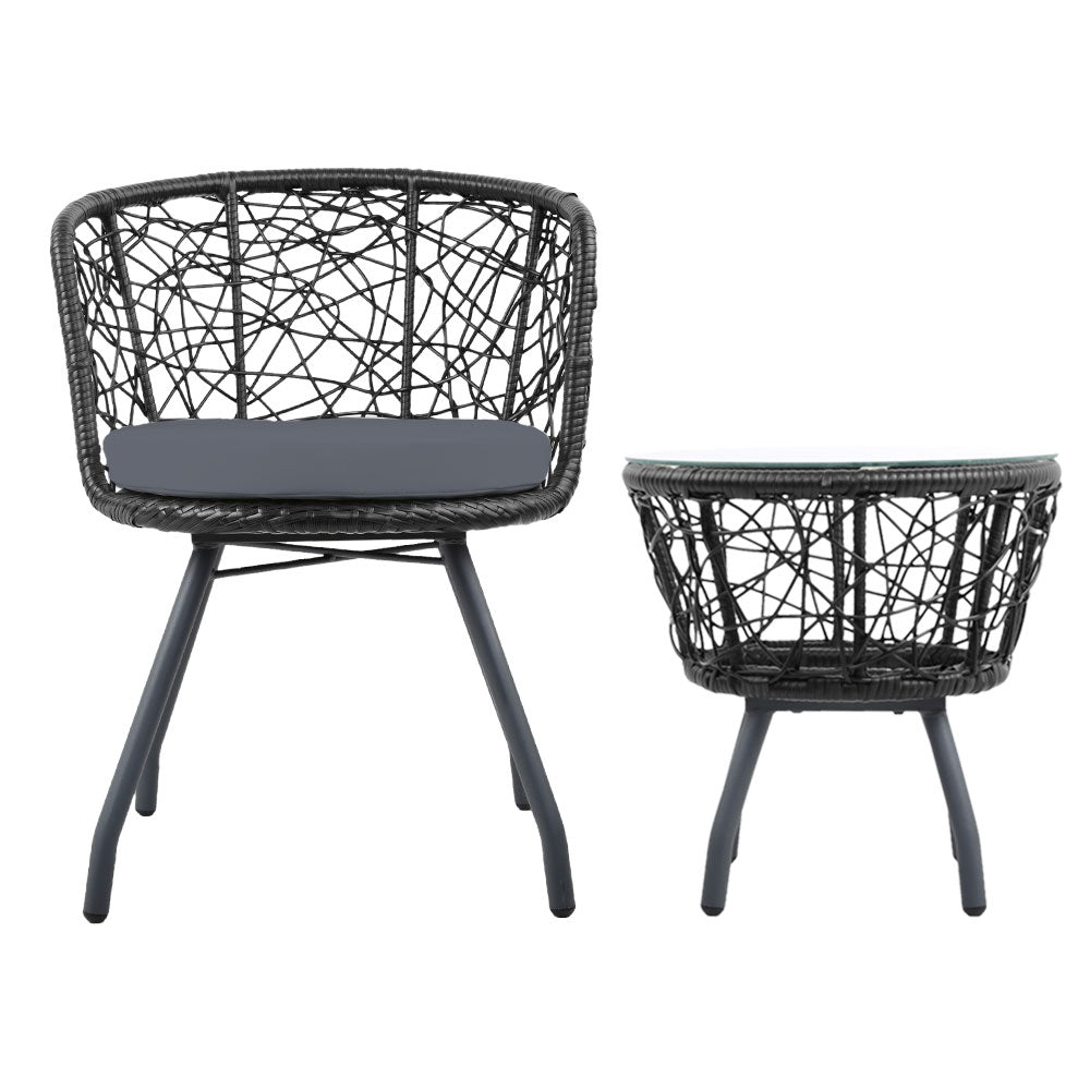 3Pc Bistro Set Outdoor Furniture Rattan Table Chairs Patio Garden Cushion Black
