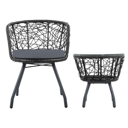 3Pc Bistro Set Outdoor Furniture Rattan Table Chairs Patio Garden Cushion Black