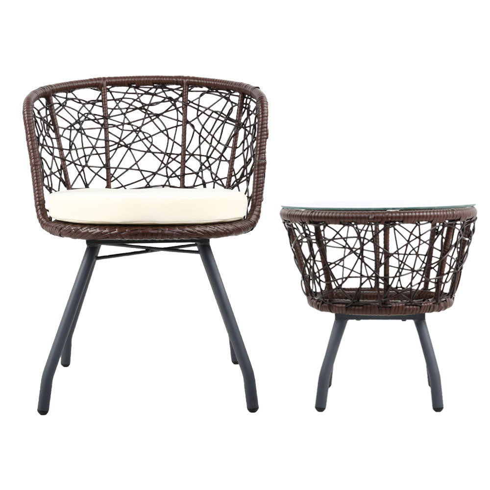 3Pc Bistro Set Outdoor Furniture Rattan Table Chairs Patio Garden Cushion Brown