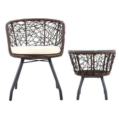 3Pc Bistro Set Outdoor Furniture Rattan Table Chairs Patio Garden Cushion Brown
