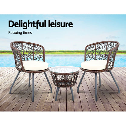 3Pc Bistro Set Outdoor Furniture Rattan Table Chairs Patio Garden Cushion Brown