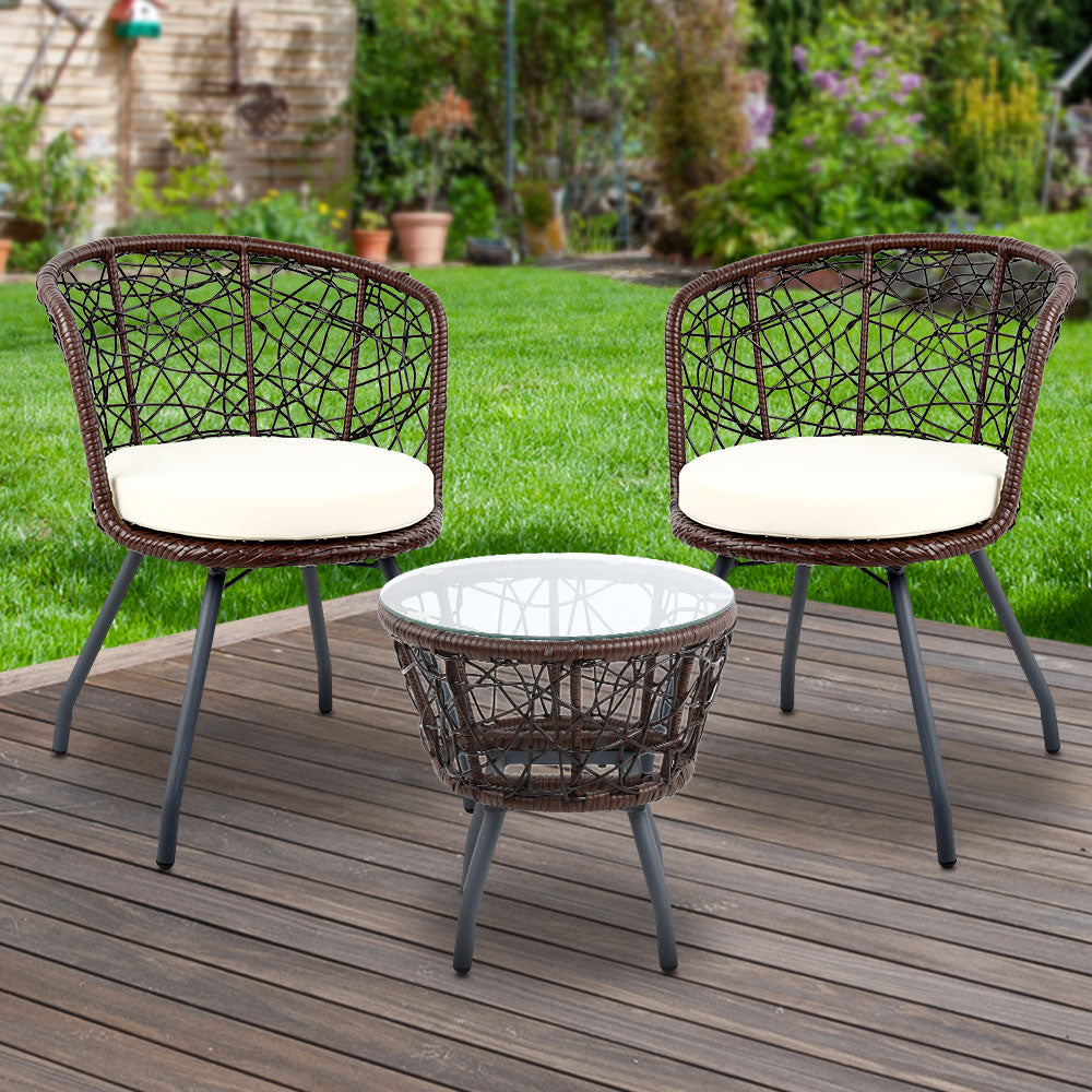 3Pc Bistro Set Outdoor Furniture Rattan Table Chairs Patio Garden Cushion Brown