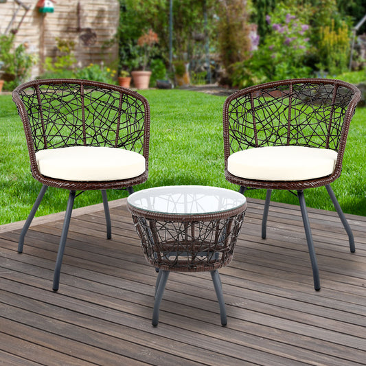 3Pc Bistro Set Outdoor Furniture Rattan Table Chairs Patio Garden Cushion Brown