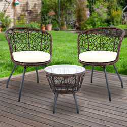 3Pc Bistro Set Outdoor Furniture Rattan Table Chairs Patio Garden Cushion Brown