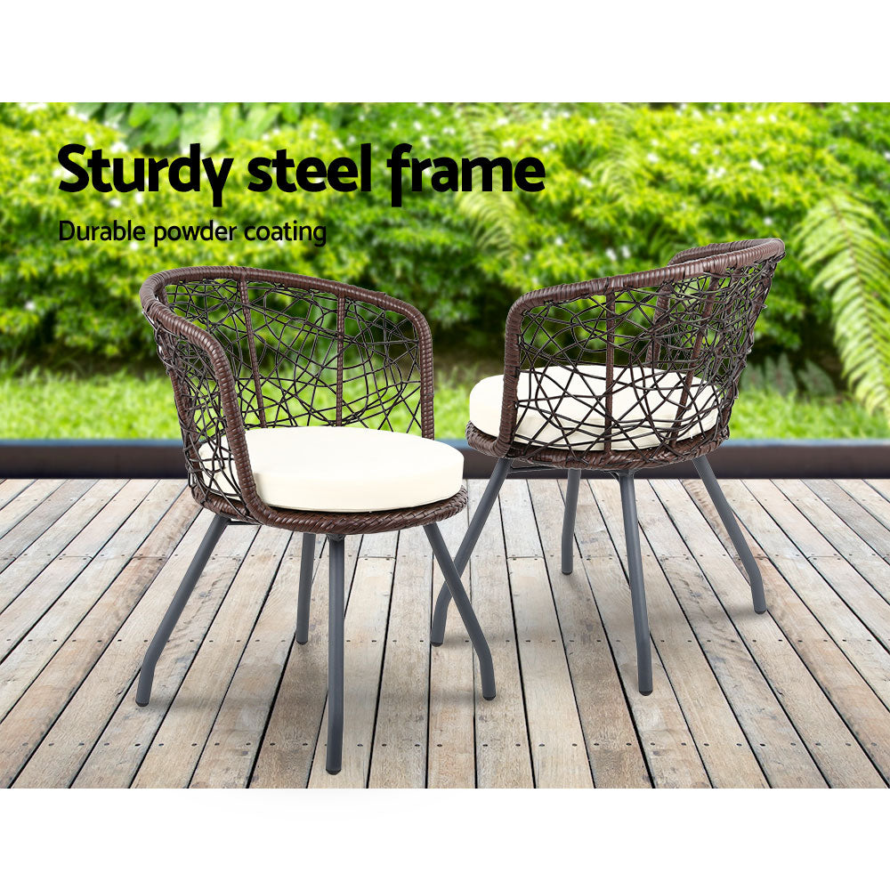 3Pc Bistro Set Outdoor Furniture Rattan Table Chairs Patio Garden Cushion Brown