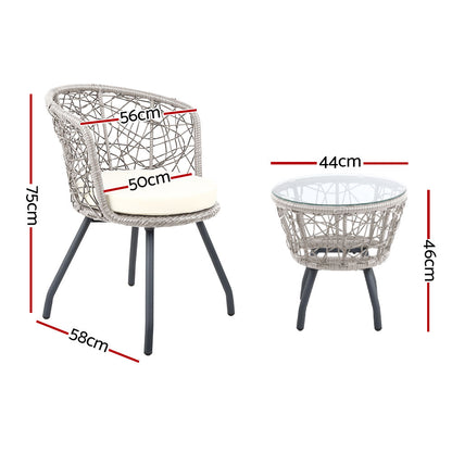 3Pc Bistro Set Outdoor Furniture Rattan Table Chairs Patio Garden Cushion Grey