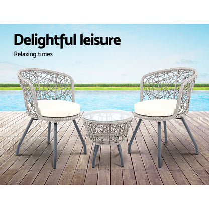3Pc Bistro Set Outdoor Furniture Rattan Table Chairs Patio Garden Cushion Grey