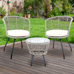 3Pc Bistro Set Outdoor Furniture Rattan Table Chairs Patio Garden Cushion Grey