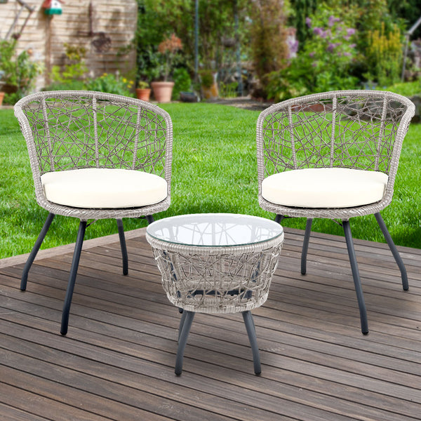  3Pc Bistro Set Outdoor Furniture Rattan Table Chairs Patio Garden Cushion Grey