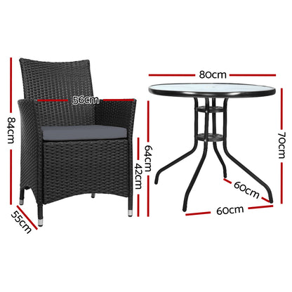 3Pc Bistro Set Outdoor Furniture Rattan Table Chairs Cushion Patio Garden Idris