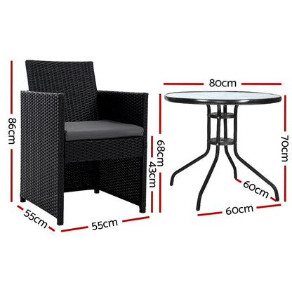 3Pc Bistro Set Outdoor Furniture Rattan Table Chairs Cushion Patio Garden Hugo