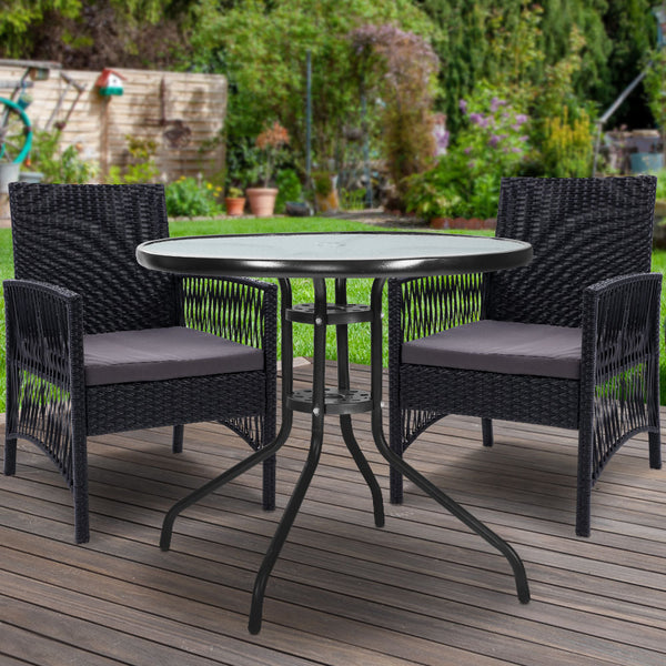  Outdoor Furniture Dining Chairs Rattan Garden Patio Cushion Black 3PCS Tea Coffee Cafe Bar Set