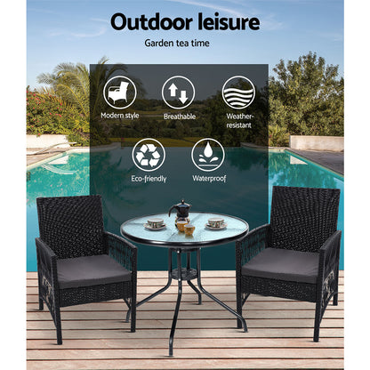 3Pc Bistro Set Outdoor Furniture Rattan Table Chairs Cushion Patio Garden Lyra