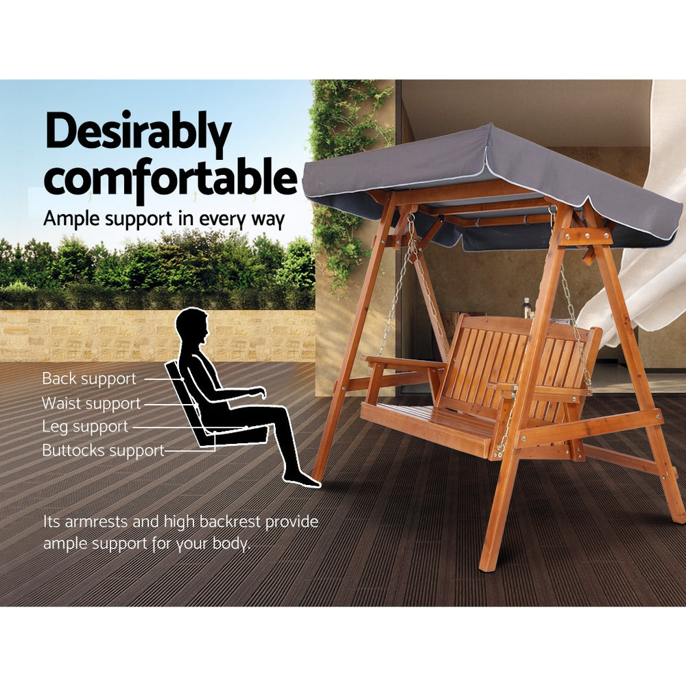 Outdoor Wooden Swing Chair Garden Bench Canopy Cushion 3 Seater Teak
