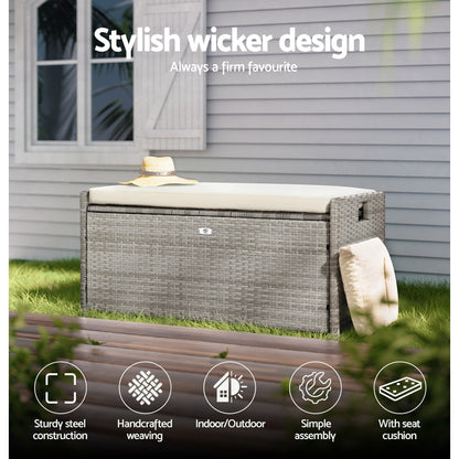 Outdoor Storage Bench Box with Wicker Cushion Chair