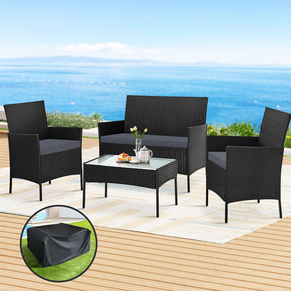  4 Seater Outdoor Sofa Set With Storage Cover Wicker Table Chair Black