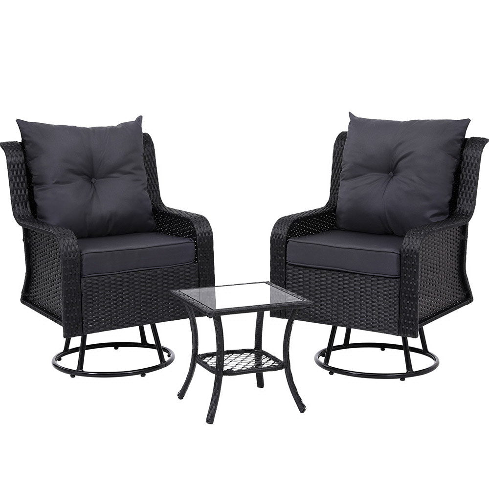 3Pc Outdoor Bistro Set Lounge Wicker Swivel Chairs Table Cushion Brown