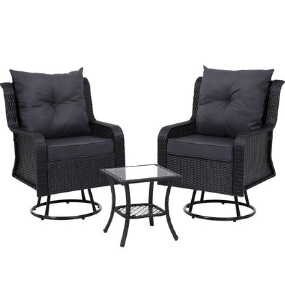 3Pc Outdoor Bistro Set Lounge Wicker Swivel Chairs Table Cushion Brown