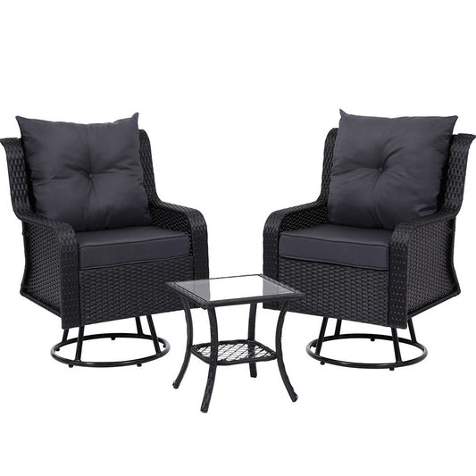 3Pc Outdoor Bistro Set Lounge Wicker Swivel Chairs Table Cushion Brown
