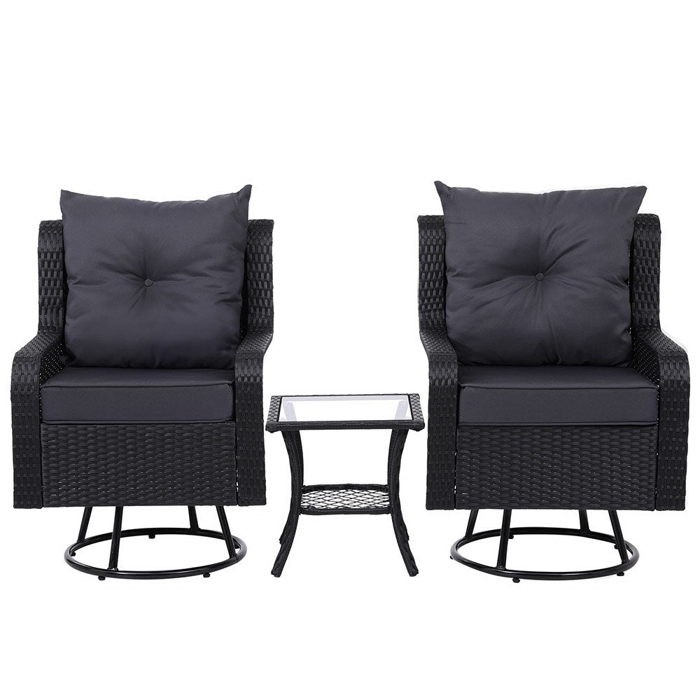 3Pc Outdoor Bistro Set Lounge Wicker Swivel Chairs Table Cushion Brown