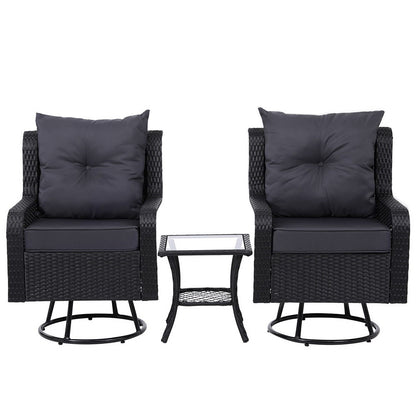 3Pc Outdoor Bistro Set Lounge Wicker Swivel Chairs Table Cushion Brown