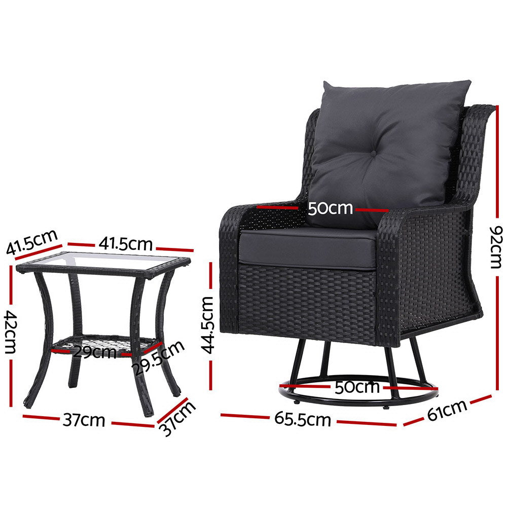 3Pc Outdoor Bistro Set Lounge Wicker Swivel Chairs Table Cushion Brown