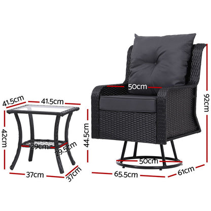 3Pc Outdoor Bistro Set Lounge Wicker Swivel Chairs Table Cushion Brown