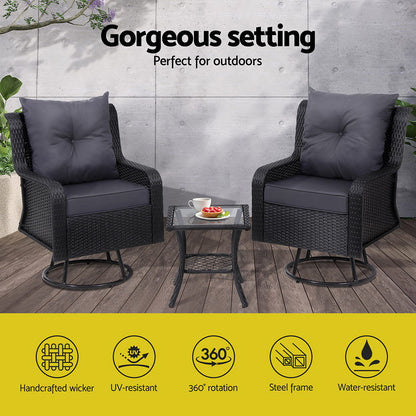 3Pc Outdoor Bistro Set Lounge Wicker Swivel Chairs Table Cushion Brown