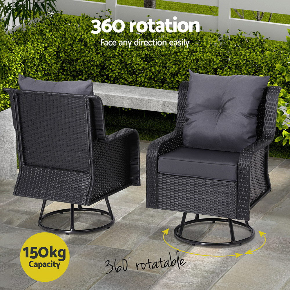 3Pc Outdoor Bistro Set Lounge Wicker Swivel Chairs Table Cushion Brown