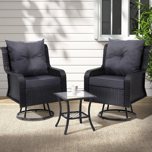 3Pc Outdoor Bistro Set Lounge Wicker Swivel Chairs Table Cushion Brown