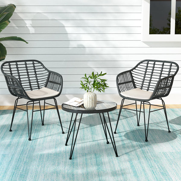  3Pc Outdoor Bistro Set Lounge Setting Table Chairs Cushion Patio Grey