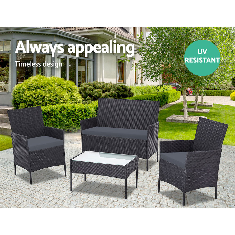 4 Pcs Outdoor Sofa Set Rattan Chair Table Setting Garden Furniture Black