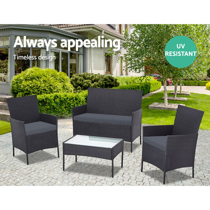 4 Pcs Outdoor Sofa Set Rattan Chair Table Setting Garden Furniture Black