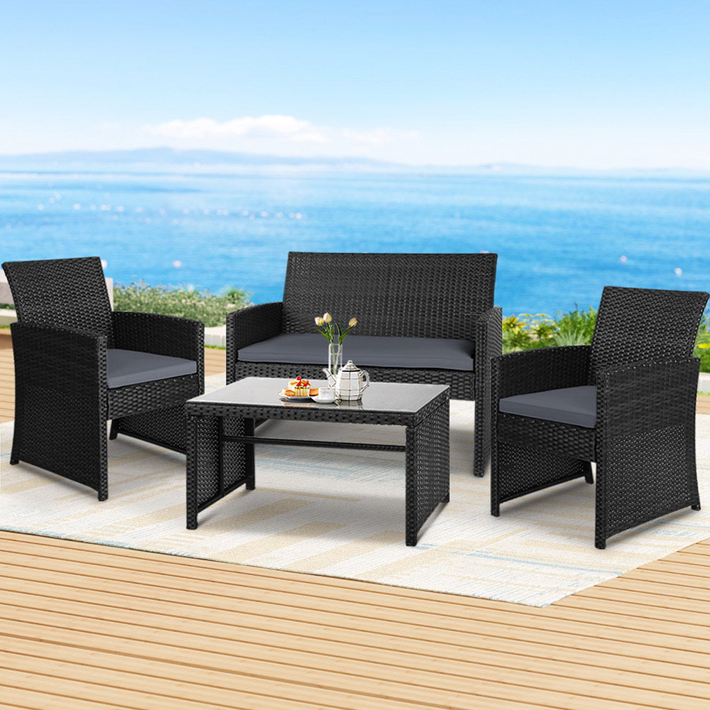 4 Pcs Outdoor Sofa Set Rattan Chair Table Setting Garden Furniture Black