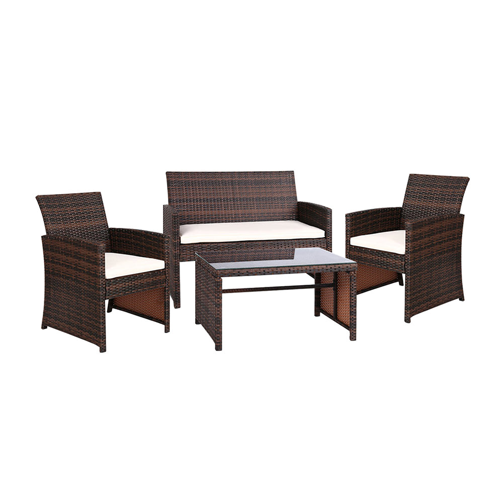 Set of 4 Outdoor Rattan Chairs & Table - Brown