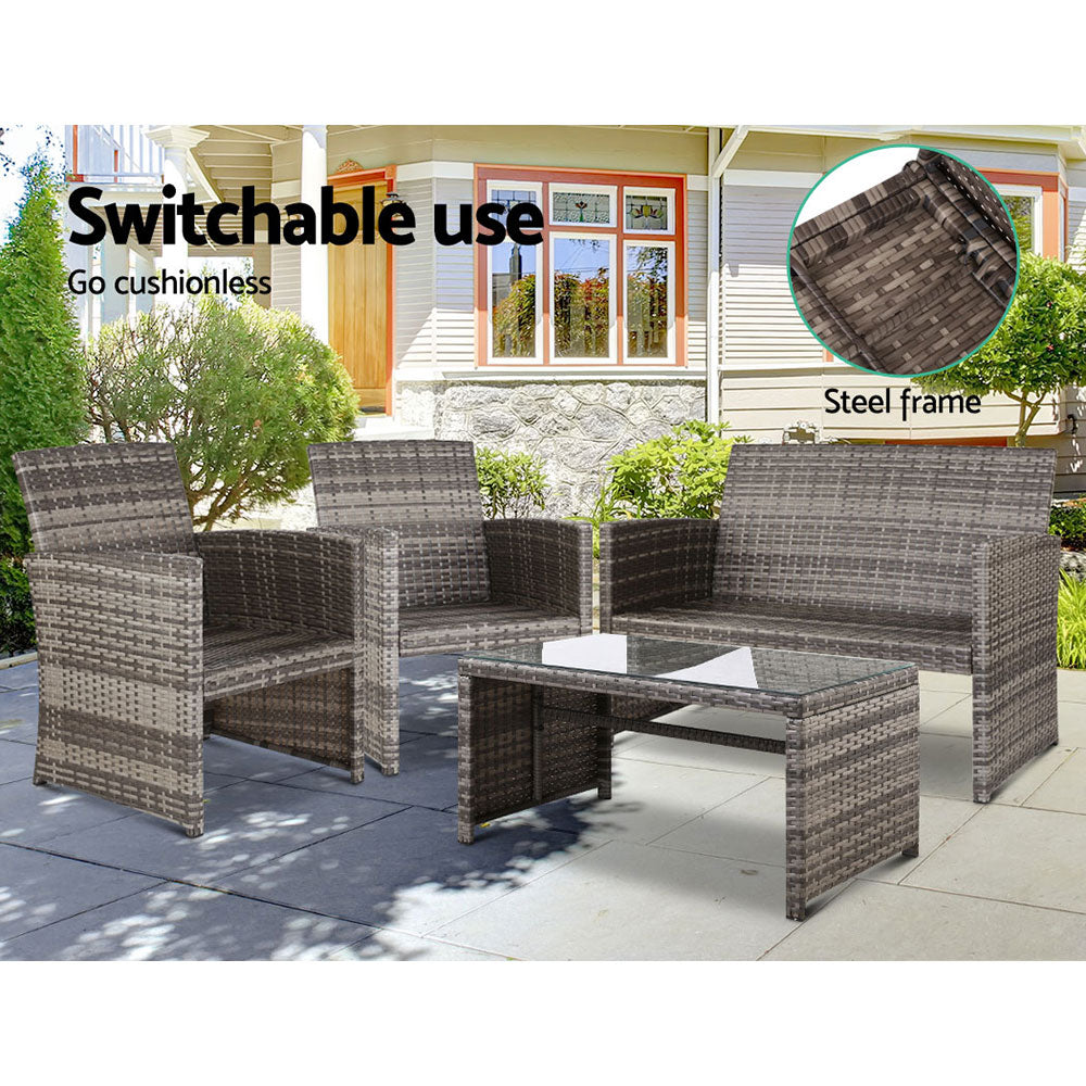4 Pcs Outdoor Sofa Set Rattan Chair Table Setting Garden Furniture Grey