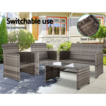 4 Pcs Outdoor Sofa Set Rattan Chair Table Setting Garden Furniture Grey