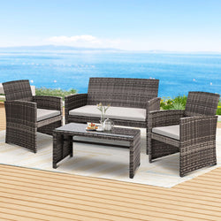 4 Pcs Outdoor Sofa Set Rattan Chair Table Setting Garden Furniture Grey