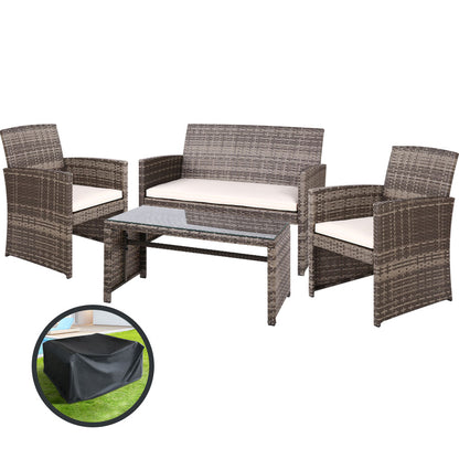 4 Pcs Outdoor Sofa Set With Storage Cover Rattan Chair Furniture Grey