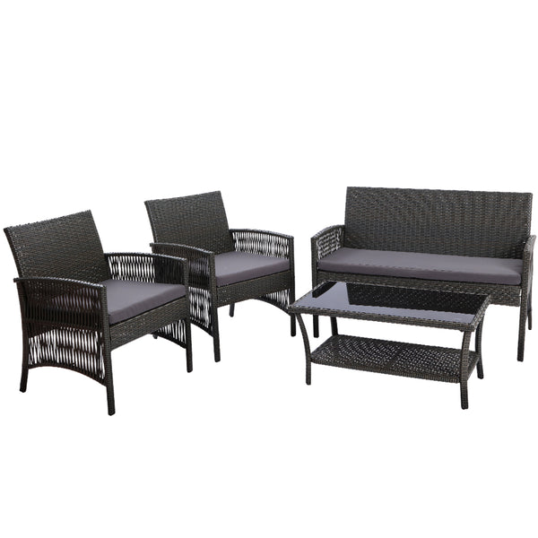  4Pcs Outdoor Sofa Set Wicker Harp Chair Table Garden Furniture Grey