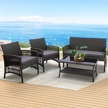4Pcs Outdoor Sofa Set Wicker Harp Chair Table Garden Furniture Grey