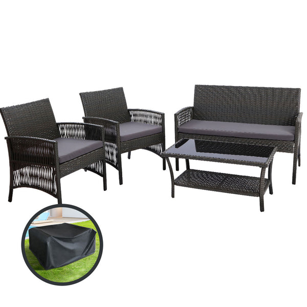  4Pcs Outdoor Sofa Set With Storage Cover Wicker Harp Chair Table Grey