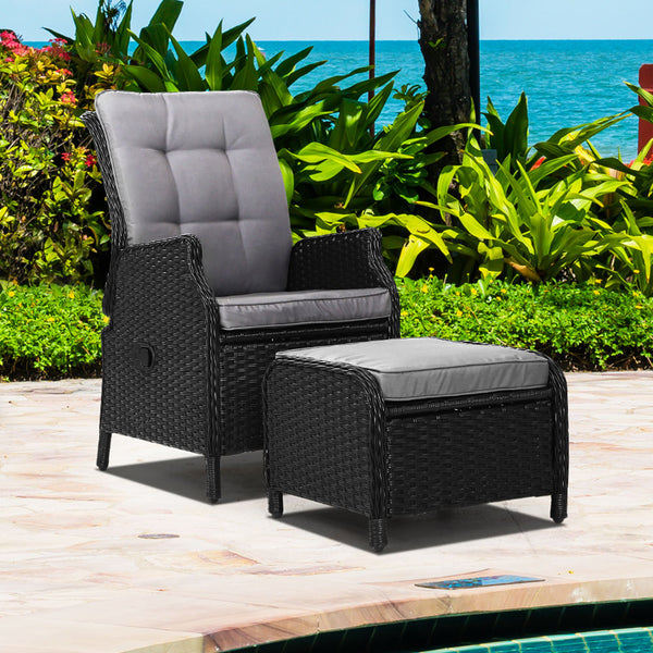  Recliner Chair Sun Lounge Wicker Lounger Outdoor Furniture Patio Black