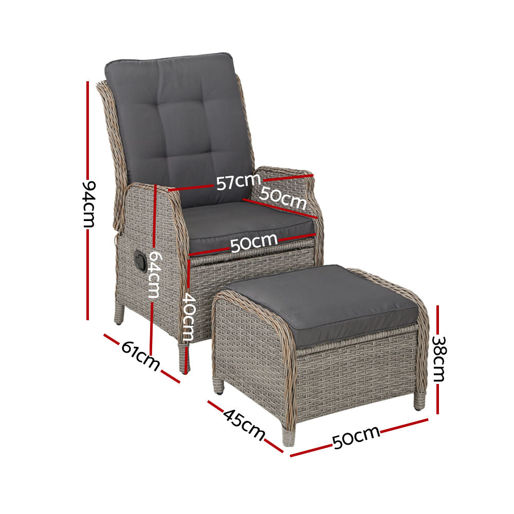2Pc Recliner Chair Sun Lounge Wicker Lounger Outdoor Furniture Grey