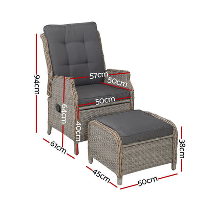 2Pc Recliner Chair Sun Lounge Wicker Lounger Outdoor Furniture Grey