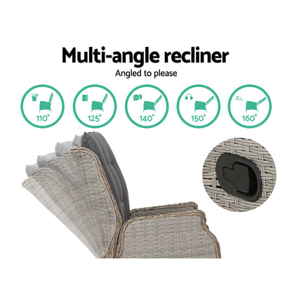 2Pc Recliner Chair Sun Lounge Wicker Lounger Outdoor Furniture Grey