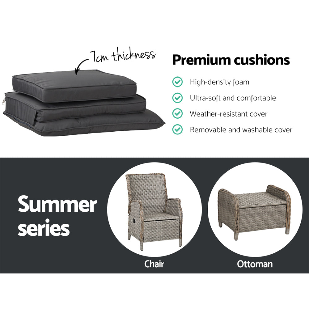 2Pc Recliner Chair Sun Lounge Wicker Lounger Outdoor Furniture Grey