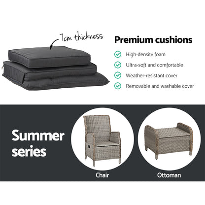 2Pc Recliner Chair Sun Lounge Wicker Lounger Outdoor Furniture Grey